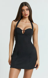 Black Mini Halter Sweetheart Neck A-Line Dress
